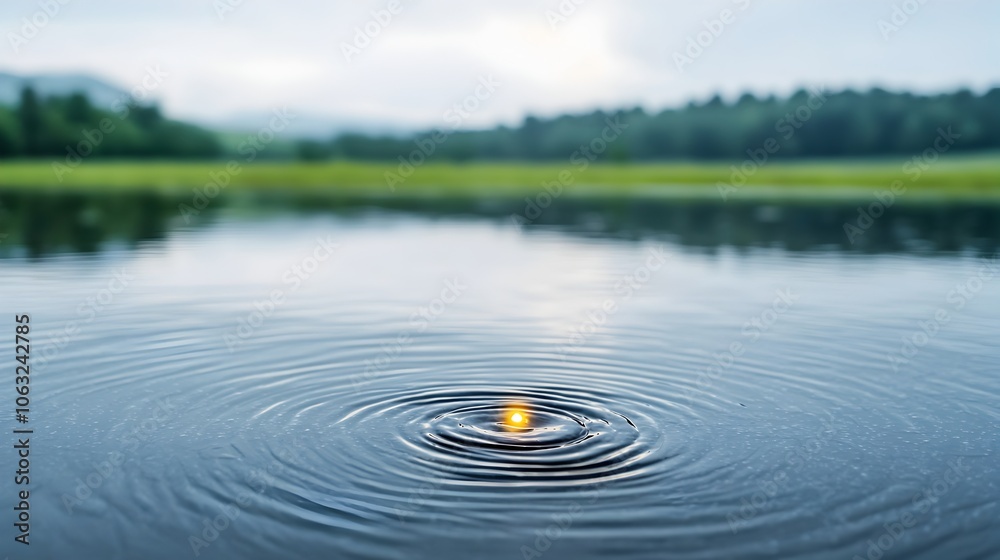 Poster Glowing Ripple in Serene Water Symbolizing Breakthrough Impact and Innovation  Abstract concept representing new ideas solutions and positive change through a single