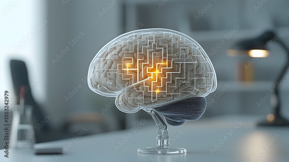Poster Glowing solution path winding through an intricate maze like pattern inside a stylized brain representing the process of innovative thinking problem solving and discovery of new ideas