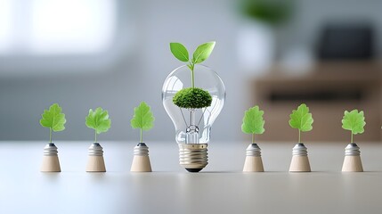 A plant growing inside a light bulb symbolizing the concept of sustainable and innovative green solutions creativity and the potential for progress and development through renewable technology