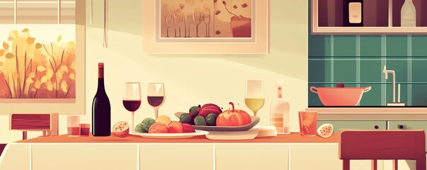 Hearty autumn dinner setup, warm family scene, flat design illustration