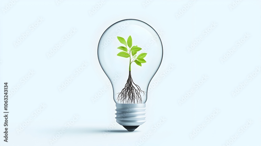 Poster Grounded Illumination An abstract image depicting a light bulb with roots growing inside symbolizing the connection between ideas creativity and natural growth