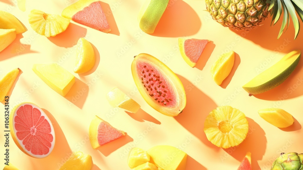 Aufkleber sliced tropical fruits such as pineapples and mangoes are displayed on a brightly colored backdrop, 