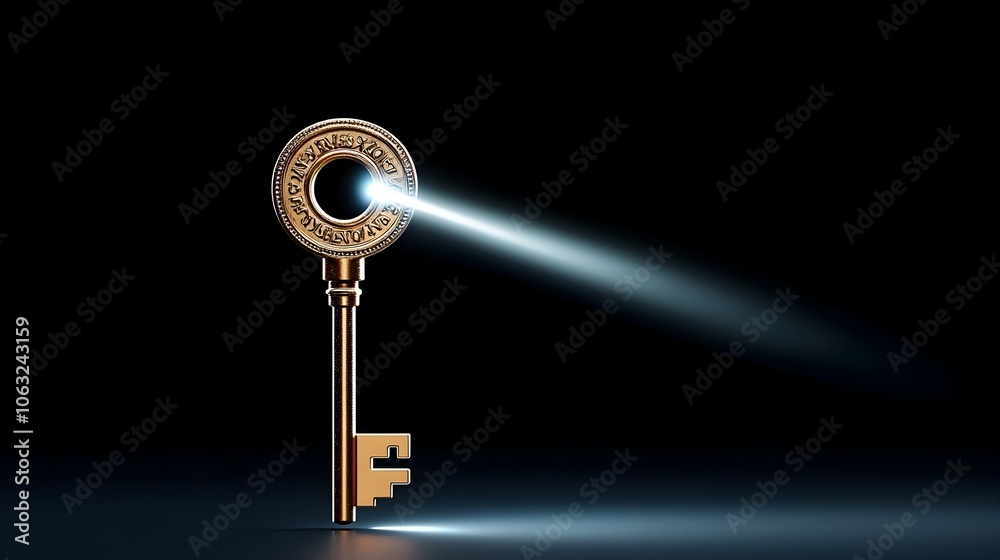 Poster Key with Light Beam Symbolizing Insight and Solutions to Locked Problems  Metaphorical conceptual image representing strategy planning and breakthrough in business finance or technology