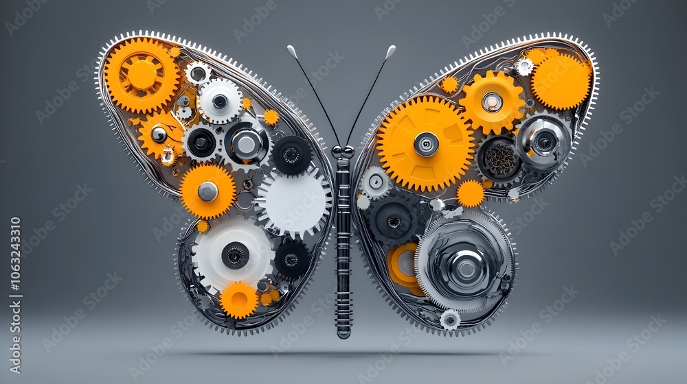 Poster Captivating abstract design featuring a butterfly with gears as its wings symbolizing transformation and solutions through technology and innovation