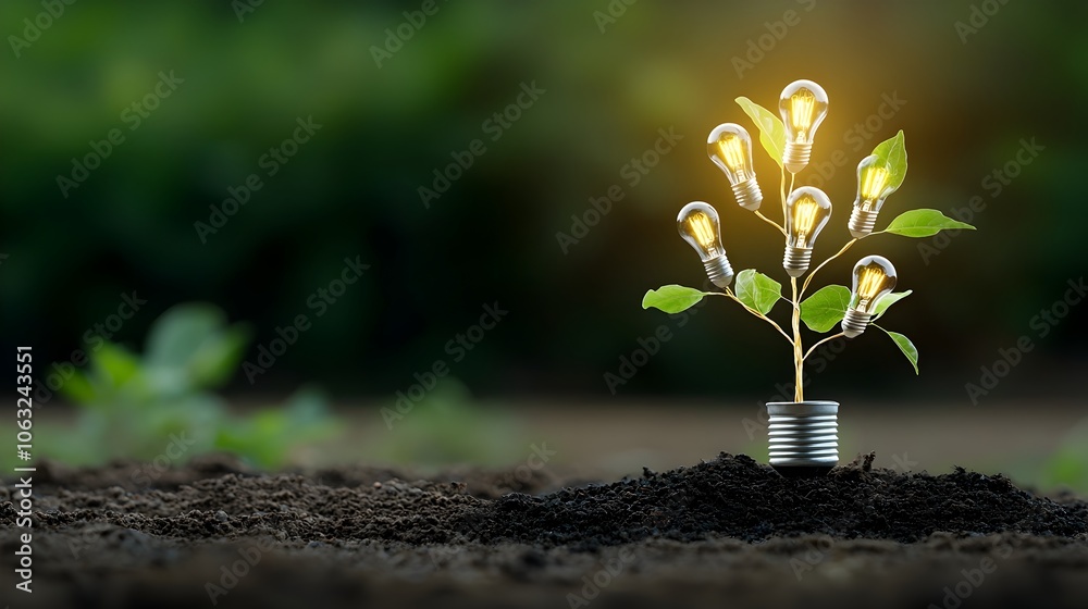 Poster glowing tree composed of light bulbs representing the growth and progress of innovative ideas new te