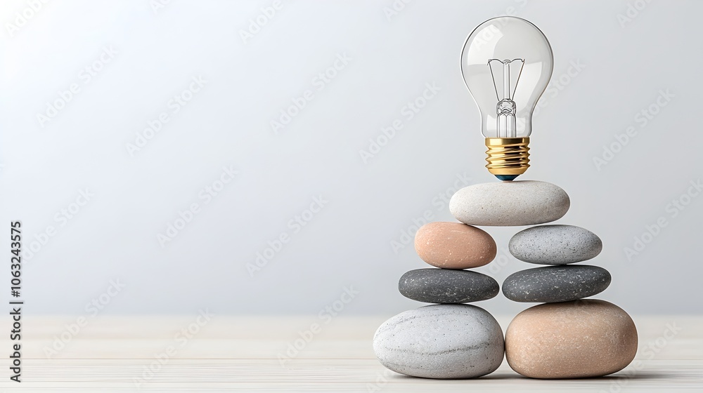 Poster illuminating balance a lightbulb perched atop a stack of stones representing the harmony and clarity