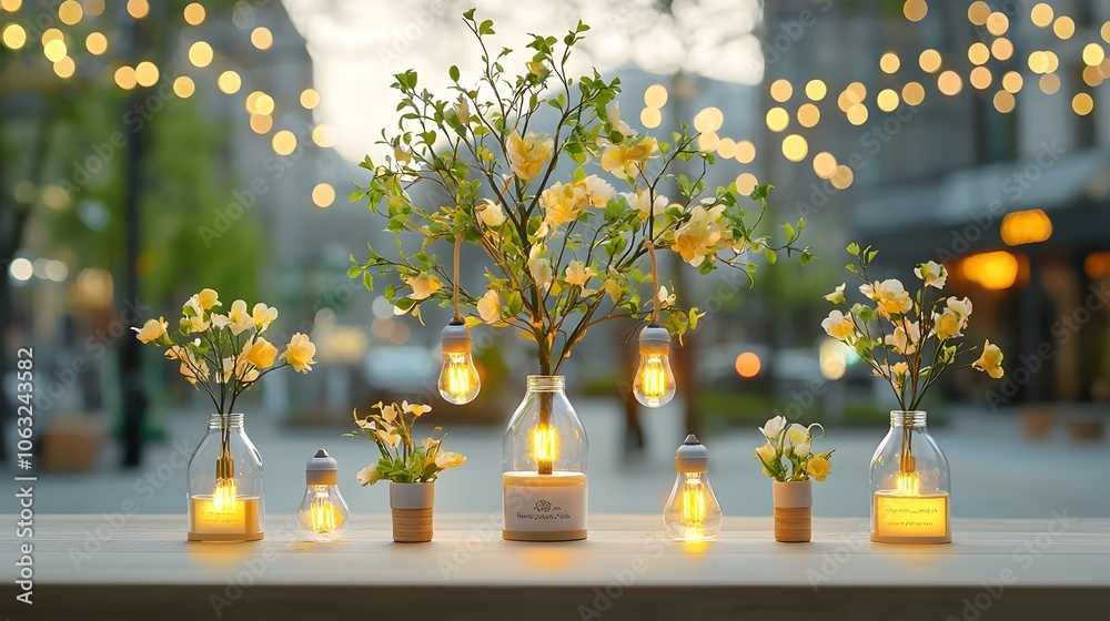 Poster glowing tree sculpture made of light bulbs symbolizing the growth and power of innovative ideas to l