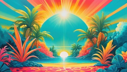 A vibrant tropical landscape featuring a brilliant sunset, lush palm trees, and a majestic pyramid. Perfect for travel, vacation, or exotic theme projects