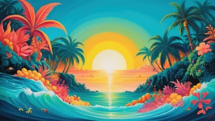 Fototapeta premium A vibrant tropical landscape featuring a brilliant sunset, lush palm trees, and a majestic pyramid. Perfect for travel, vacation, or exotic theme projects