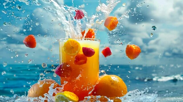 Fruit and berry tropical cocktail on the beach by the sea and flying splashes with strawberries and oranges
