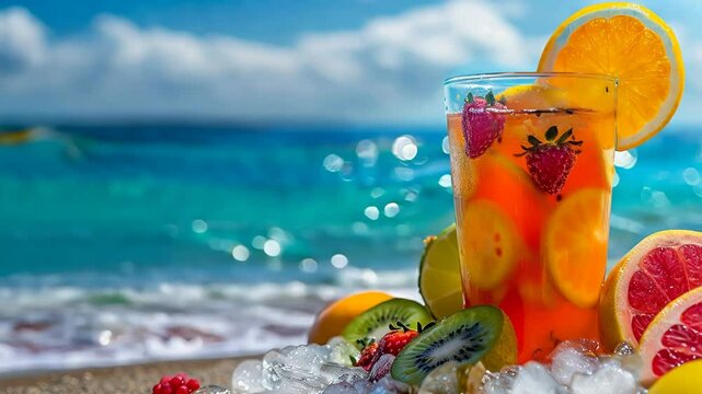 Fruit and berry tropical cocktails on the beach by the sea