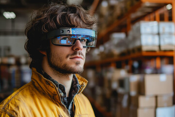 A modern man wearing futuristic augmented glasses in a spacious warehouse, exemplifying the integration of advanced technology in an industrial environment.
