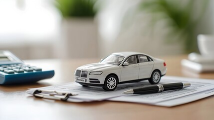 Closeup of a small toy car model placed next to a stack of car insurance documents a pen and a calculator on a wooden office desk  Concept of car ownership vehicle insurance and financial planning