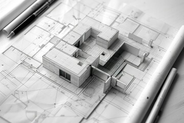 Architect project showing a 3d model on top of blueprints with other project documents and drawing tools