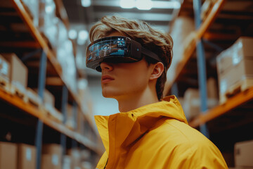 A young man in a modern warehouse wears augmented reality goggles, showcasing a futuristic vibe. The setting combines technology with contemporary design, symbolizing innovation in a creative space.