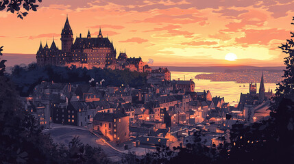Obraz premium old quebec city panorama view canada 2d illustration beautiful scene historical panoramic architecture buildings concept artistic composition colorful Chateau Frontenac