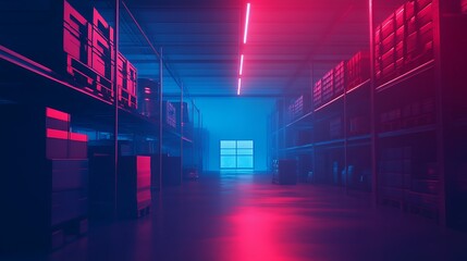 A warehouse with organized inventory shelves and barcode scanners, leaving room for text