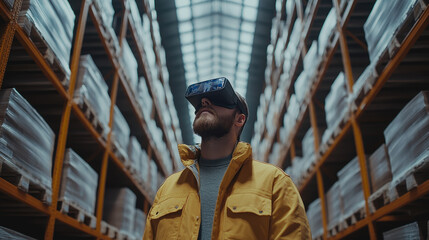 A man stands in a large organized warehouse, wearing a virtual reality headset. He looks upward, immersed in a digital experience surrounded by storage shelves.