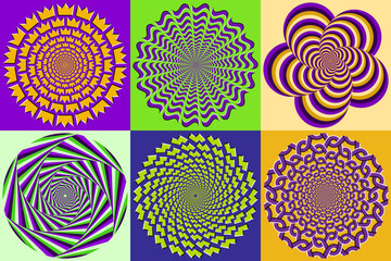 Vector set of circular patterns with different stripes and shapes. Colorful circles with optical illusion of moving. Templates for background design.