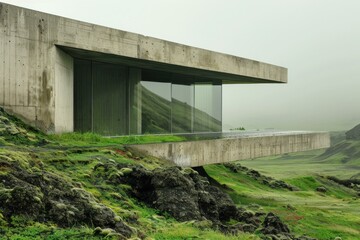 Fototapeta premium Modern concrete house with large windows is being enveloped by the lush green hillside on a cloudy day