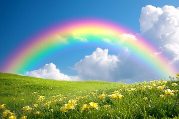 A rainbow arching over a field after a summer rainstorm, with lush green grass and a blue sky