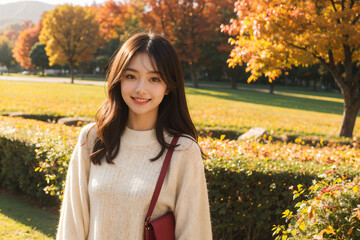 A woman with a bag is standing in front of a tree with orange leaves