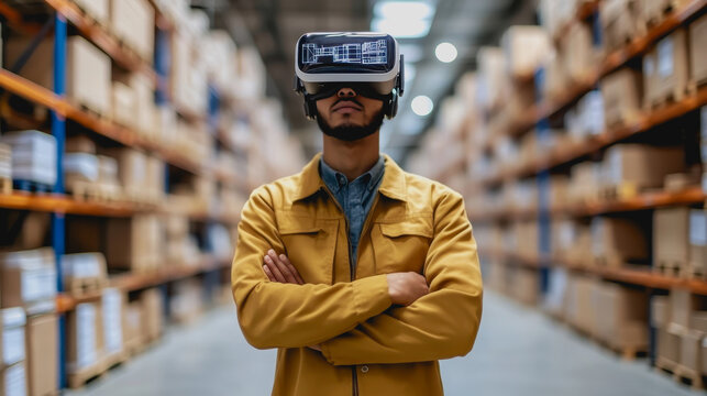 A man stands confidently in a large organized warehouse, wearing a virtual reality headset. This image captures modern technology and innovation in an industrial setting.