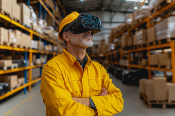 A man wearing a virtual reality headset in a large, organized warehouse, exploring innovative technology for logistics and inventory management in a modern setting.