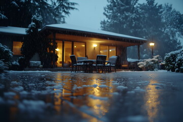 A hailstorm hitting a suburban backyard, with ice pellets bouncing off the ground and patio furniture