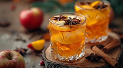 Autumn or fall season. Apple cider cocktail with cinnamon and apple traditional autumn and winter drink