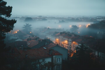 A thick layer of fog covering a coastal town at dawn, with only rooftops and a few trees visible