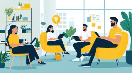 Professionals brainstorming in a vibrant coworking space,