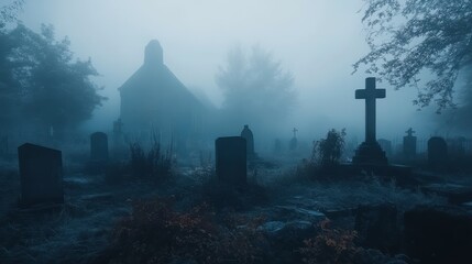 Creepy old abandoned graveyard covered in fog