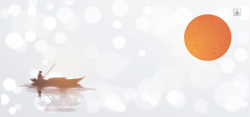 Ink painting of a lone boatman on water with a large red sun on white shimmering background. Traditional Japanese ink wash painting sumi-e. Translation of hieroglyph - eternity