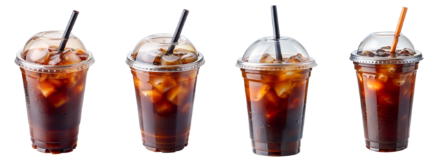 Iced Americano in a clear plastic cup with straw isolated on transparent background PNG file