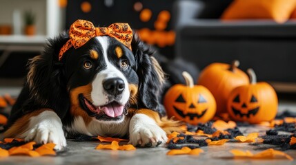 Cute Bernese mountain dog in headband with Halloween decorations and pumpkins lying at home