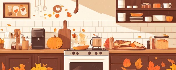 Family meal prep, cozy kitchen with autumn flavors, flat design illustration