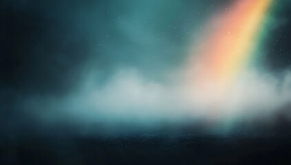 Dreamlike misty landscape with a vibrant rainbow light breaking through the dark sky, creating a surreal ambiance
