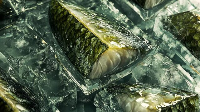 Frozen fish fillets packed in ice