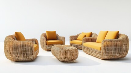 Fototapeta premium Collection of outdoor rattan and straw garden couches armchairs and double seat sofas