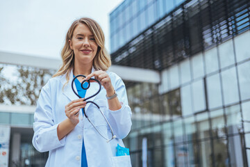 Smiling Female Doctor Holding Stethoscope in Heart Shape Outdoors