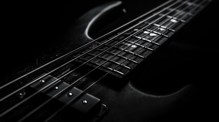 Fototapeta premium Close up of a four string bass guitar in black and white highlighting the details of this iconic rock instrument with a vintage aesthetic