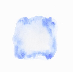 Watercolor texture background. Abstract blue painting shape isolated on white backdrop. Template, card. Copy space