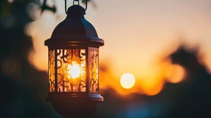 Decorative lantern illuminated by bokeh lights during the sunset