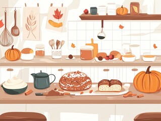 Cozy kitchen with baked goods, autumn spices and cinnamon, flat design illustration