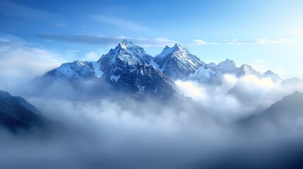 Majestic snow-capped mountains rise through a sea of mist under a bright blue sky, creating a tranquil and stunning landscape.