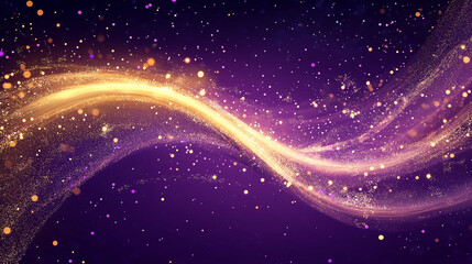 Obraz premium Golden particle dust wave decorated with shining golden lights isolated purple background. Copy paste area.