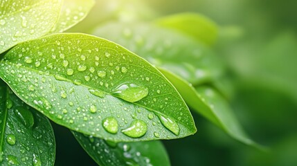Dew-kissed green leaves glisten under soft sunlight, showcasing nature's freshness, AI