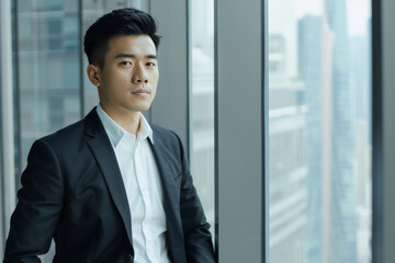 Young Asian man standing in a corporate office, showcasing elegance and professionalism.