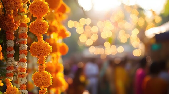 Devotees congregate at a temple decorated with marigolds during a festive celebration featuring a blurred background and ample copy space